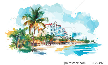 Cancun Hotel Zone. Cancun Hotel Zone hand drawn watercolor illustration Cancun Hotel Zone. Cancun Hotel Zone hand drawn watercolor illustration 131793979