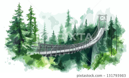 Capilano Suspension Bridge Park. Capilano Suspension Bridge Park hand drawn watercolor illustration 131793983