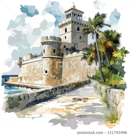 Castillo de los Tres Reyes Magos del Morro. Castillo de los Tres Reyes Magos del Morro hand drawn watercolor illustration 131793996