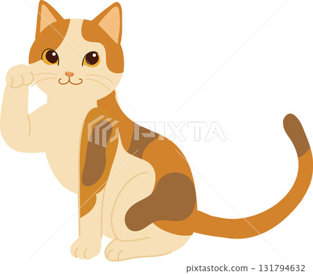 a sitting calico cat with one paw raised. kawaii calico cat waving paw adorable pet a sitting calico cat with one paw raised. kawaii calico cat waving paw adorable pet 131794632