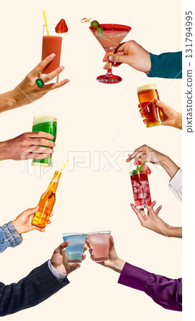 Vertical collage of colorful drinks and cocktails in toast gesture. Copy space 131794995