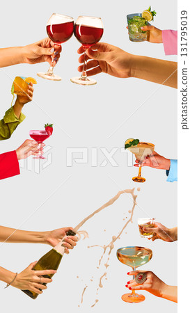 Trendy artwork. People toasting with colorful cocktails and splashing champagne 131795019