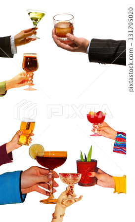 Elegant hands holding cocktails, beer, and wine in vertical composition. Copy space Elegant hands holding cocktails, beer, and wine in vertical composition. Copy space 131795020