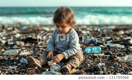Young child playing with plastic waste on a polluted beach, highlighting environmental damage and global pollution. Ideal for World Cleanup Day and Earth Day, promoting awareness for a cleaner planet. 131795066