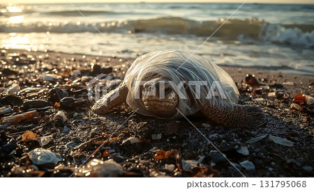 Turtle trapped in plastic waste on a littered beach, struggling with pollution as waves crash. A powerful symbol of plastic pollution's impact on wildlife, perfect for World Cleanup Day and Earth Day. 131795068