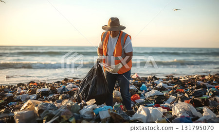 Man in a high-visibility vest collecting plastic waste on a polluted beach, promoting efforts to reduce environmental damage and support ecological sustainability for World Cleanup Day and Earth Day. 131795070