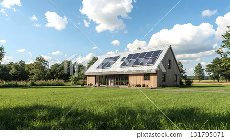 A house with solar panels on its roof, surrounded by green fields, representing a sustainable, eco-friendly home that utilizes renewable energy for a greener future. World Cleanup and Earth Day 131795071