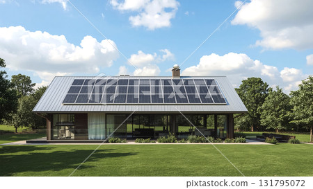 A modern house with solar panels on the roof and surrounded by lush green grass, illustrating a shift toward sustainable living and renewable energy adoption. World Cleanup Day and Earth Day awareness 131795072