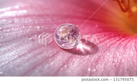 Macro close-up of clear water droplet on a delicate pink petal, reflecting the Earth inside. Concept of purity, harmony and fragility of nature. Perfect for World Cleanup Day and Earth Day awareness. 131795075