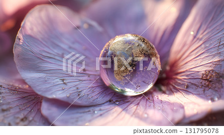 Macro view of a violet petal with a droplet mirroring Earth. Concept of delicate nature and purity. World Cleanup Day and Earth Day, promoting ecological awareness for a cleaner planet. 131795078