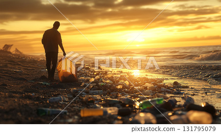 A man collecting trash on the beach during sunset. Concept of volunteer cleanup, pollution control and nature preservation. For World Cleanup and Earth Day, promoting awareness for a cleaner planet. 131795079