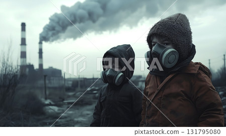 Children in gas masks stand in front of industrial smokestacks releasing toxic air, representing the harmful effects of industrial pollution on health and the environment. World Cleanup and Earth Day. 131795080