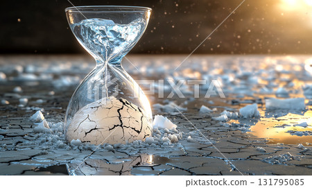 Hourglass filled with melting ice on cracked surface. Concept of time running out for climate crisis and global environmental change. Cleanup and Earth Day. Promoting awareness for a cleaner planet. 131795085