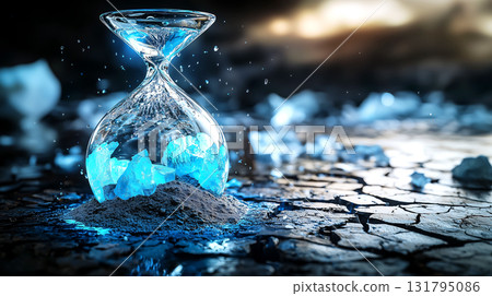 An hourglass filled with melting ice and sand, symbolizing the urgent need for climate action. Represents the finite time we have to combat environmental issues and protect the Earth. Earth Day 131795086
