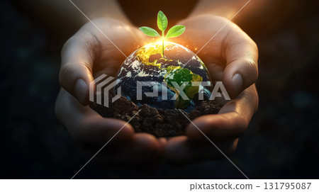 Human hands cradle soil with glowing planet Earth and green sprout. Concept of renewal, hope, sustainability and ecological balance. Perfect for World Cleanup Day and Earth Day awareness. 131795087