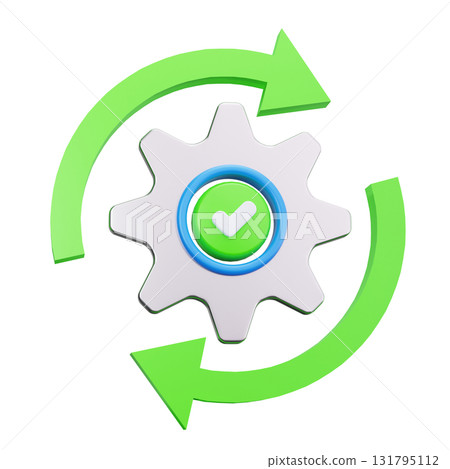 3d gear with a green check mark and green arrows. 131795112