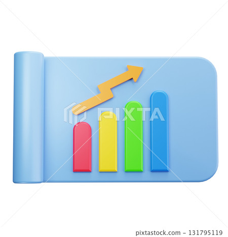 Blue 3d bar graph with a yellow arrow. 131795119