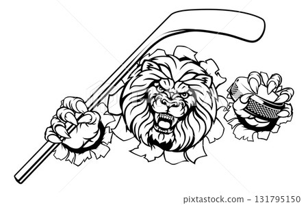 Lion Ice Hockey Player Cartoon Sports Mascot 131795150