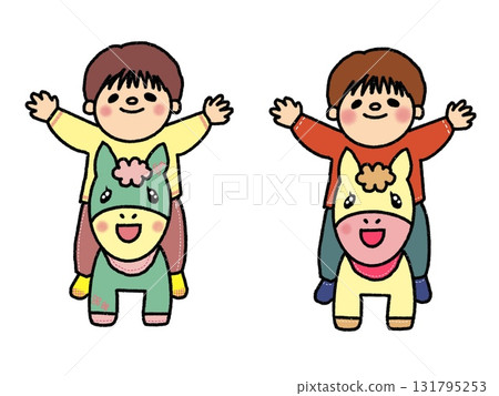 微笑的雙胞胎兄弟騎著馬,高舉雙臂 微笑的雙胞胎兄弟騎著馬,高舉雙臂 131795253