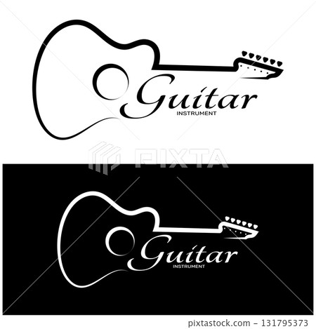 Simple musical guitar instrument logo, for guitar shop, music instrument store, orchestra, guitar lessons, apps, games, music studio, vector 131795373