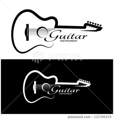 Simple musical guitar instrument logo, for guitar shop, music instrument store, orchestra, guitar lessons, apps, games, music studio, vector 131795374
