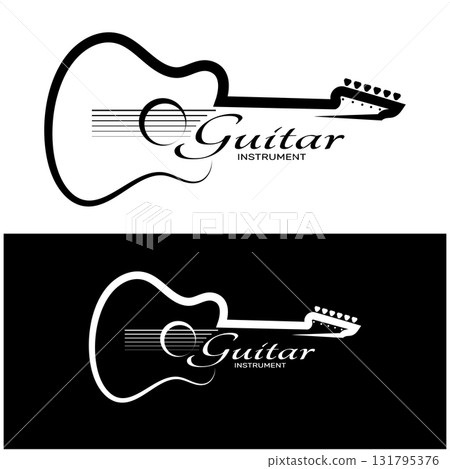 Simple musical guitar instrument logo, for guitar shop, music instrument store, orchestra, guitar lessons, apps, games, music studio, vector 131795376
