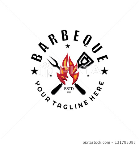 Smoke and BBQ Barbecue Vintage hot grill, with crossed flames and spatula. Logo for restaurant, badge, cafe and bar.vector Smoke and BBQ Barbecue Vintage hot grill, with crossed flames and spatula. Logo for restaurant, badge, cafe and bar.vector 131795395