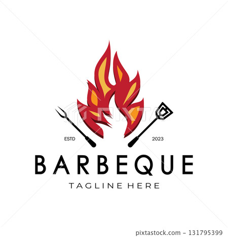 Smoke and BBQ Barbecue Vintage hot grill, with crossed flames and spatula. Logo for restaurant, badge, cafe and bar.vector Smoke and BBQ Barbecue Vintage hot grill, with crossed flames and spatula. Logo for restaurant, badge, cafe and bar.vector 131795399