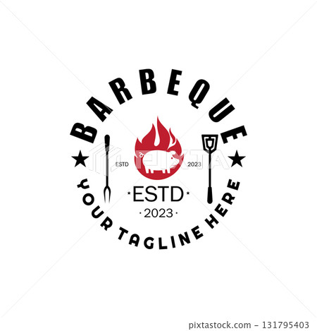 Smoke and BBQ Barbecue Vintage hot grill, with crossed flames and spatula. Logo for restaurant, badge, cafe and bar.vector Smoke and BBQ Barbecue Vintage hot grill, with crossed flames and spatula. Logo for restaurant, badge, cafe and bar.vector 131795403