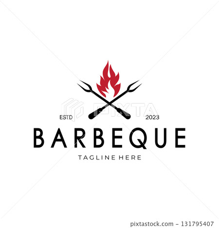 Smoke and BBQ Barbecue Vintage hot grill, with crossed flames and spatula. Logo for restaurant, badge, cafe and bar.vector 131795407