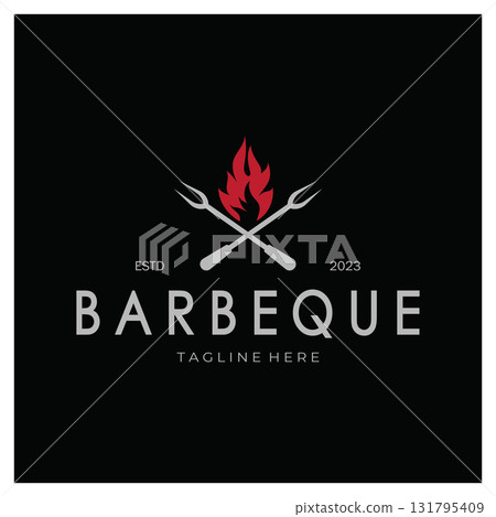 Smoke and BBQ Barbecue Vintage hot grill, with crossed flames and spatula. Logo for restaurant, badge, cafe and bar.vector Smoke and BBQ Barbecue Vintage hot grill, with crossed flames and spatula. Logo for restaurant, badge, cafe and bar.vector 131795409
