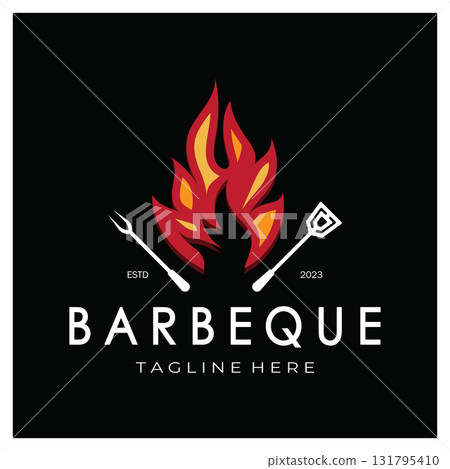 Smoke and BBQ Barbecue Vintage hot grill, with crossed flames and spatula. Logo for restaurant, badge, cafe and bar.vector 131795410