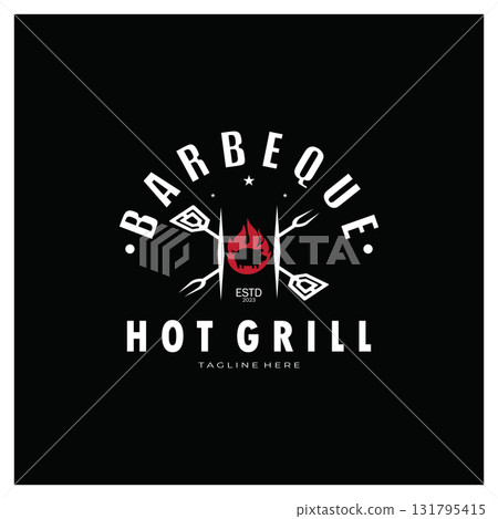 Smoke and BBQ Barbecue Vintage hot grill, with crossed flames and spatula. Logo for restaurant, badge, cafe and bar.vector Smoke and BBQ Barbecue Vintage hot grill, with crossed flames and spatula. Logo for restaurant, badge, cafe and bar.vector 131795415