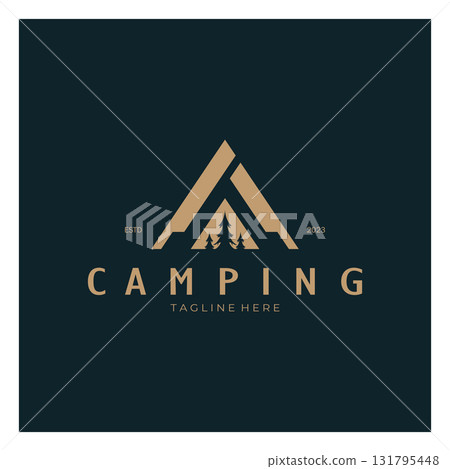 vintage and retro tent logo, camping. With tent, tree and bonfire sign. adventurers, scouts, climbers, camping equipment center 131795448