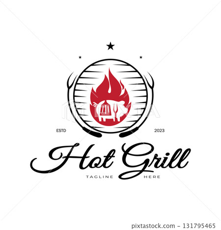 Simple Barbecue Vintage hot grill, with crossed flames and spatula. Logo for restaurant, badge, cafe and bar.vector Simple Barbecue Vintage hot grill, with crossed flames and spatula. Logo for restaurant, badge, cafe and bar.vector 131795465