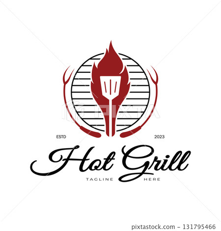 Simple Barbecue Vintage hot grill, with crossed flames and spatula. Logo for restaurant, badge, cafe and bar.vector 131795466