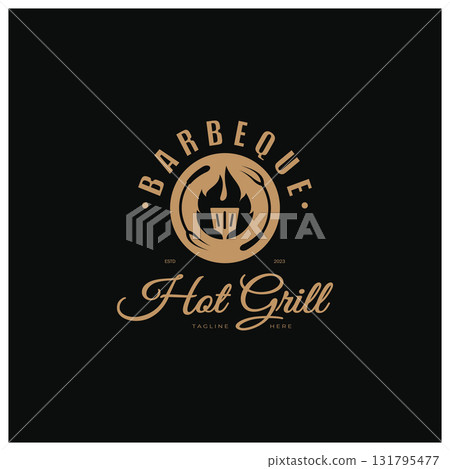 Simple Barbecue Vintage hot grill, with crossed flames and spatula. Logo for restaurant, badge, cafe and bar.vector 131795477