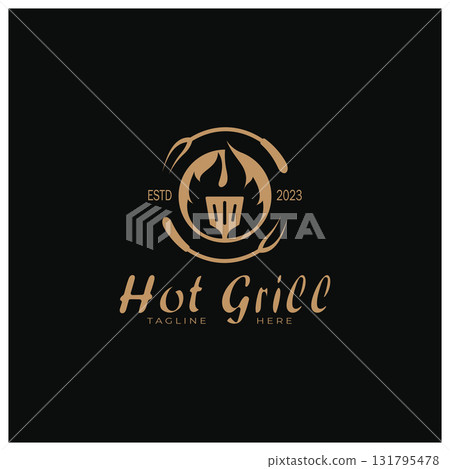 Simple Barbecue Vintage hot grill, with crossed flames and spatula. Logo for restaurant, badge, cafe and bar.vector 131795478