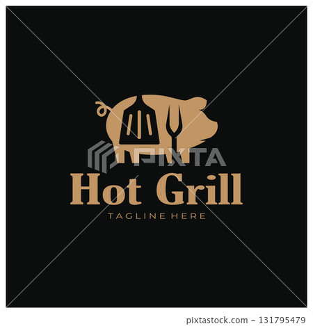Simple Barbecue Vintage hot grill, with crossed flames and spatula. Logo for restaurant, badge, cafe and bar.vector Simple Barbecue Vintage hot grill, with crossed flames and spatula. Logo for restaurant, badge, cafe and bar.vector 131795479