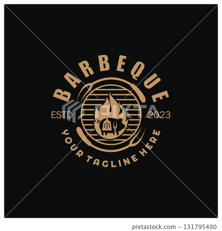 Simple Barbecue Vintage hot grill, with crossed flames and spatula. Logo for restaurant, badge, cafe and bar.vector 131795480