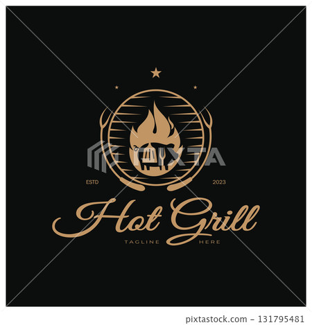 Simple Barbecue Vintage hot grill, with crossed flames and spatula. Logo for restaurant, badge, cafe and bar.vector Simple Barbecue Vintage hot grill, with crossed flames and spatula. Logo for restaurant, badge, cafe and bar.vector 131795481