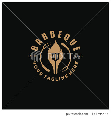 Simple Barbecue Vintage hot grill, with crossed flames and spatula. Logo for restaurant, badge, cafe and bar.vector Simple Barbecue Vintage hot grill, with crossed flames and spatula. Logo for restaurant, badge, cafe and bar.vector 131795483