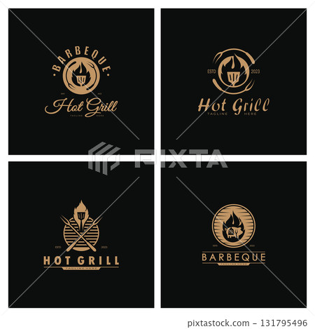 Simple Barbecue Vintage hot grill, with crossed flames and spatula. Logo for restaurant, badge, cafe and bar.vector Simple Barbecue Vintage hot grill, with crossed flames and spatula. Logo for restaurant, badge, cafe and bar.vector 131795496