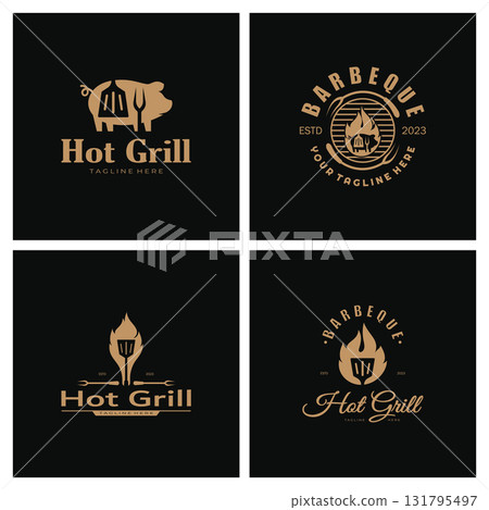 Simple Barbecue Vintage hot grill, with crossed flames and spatula. Logo for restaurant, badge, cafe and bar.vector Simple Barbecue Vintage hot grill, with crossed flames and spatula. Logo for restaurant, badge, cafe and bar.vector 131795497