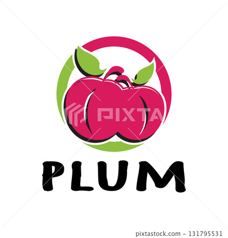 plum fruit logo with leaves, design of plum plantation, fruit shop, plum products, with simple vector editing 131795531