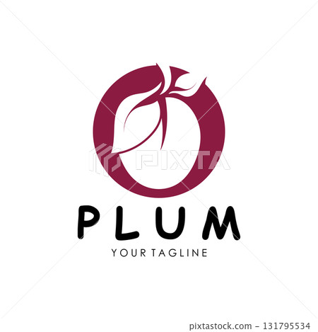 plum fruit logo with leaves, design of plum plantation, fruit shop, plum products, with simple vector editing 131795534