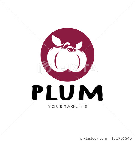 plum fruit logo with leaves, design of plum plantation, fruit shop, plum products, with simple vector editing 131795540
