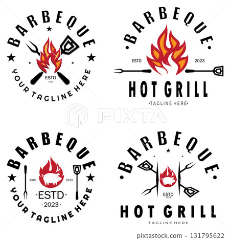 Smoke and BBQ Barbecue Vintage hot grill, with crossed flames and spatula. Logo for restaurant, badge, cafe and bar.vector 131795622