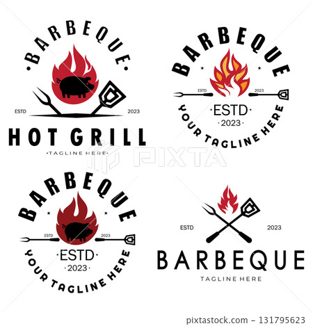 Smoke and BBQ Barbecue Vintage hot grill, with crossed flames and spatula. Logo for restaurant, badge, cafe and bar.vector Smoke and BBQ Barbecue Vintage hot grill, with crossed flames and spatula. Logo for restaurant, badge, cafe and bar.vector 131795623