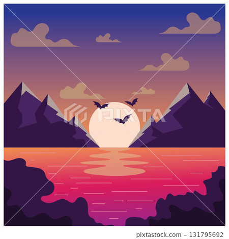 landscape illustration natural scenery background with hills,sky,moon,clouds,sun pine lake landscape illustration natural scenery background with hills,sky,moon,clouds,sun pine lake 131795692